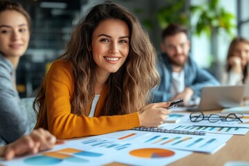 Fototapeta premium Business woman discussing a project report with her colleagues, Generative AI