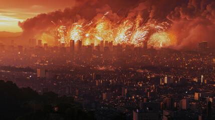 Fototapeta premium An apocalyptic view of a city skyline engulfed by explosive wildfires with intense orange flames and thick smoke rising into the sky, dramatically illuminating the urban landscape at dusk.