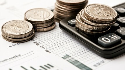 Coins and Calculator on Financial Documents Background