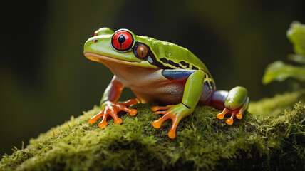 Frog on a leaf. Vibrant red-eyed tree frog perched on moss, macro wildlife