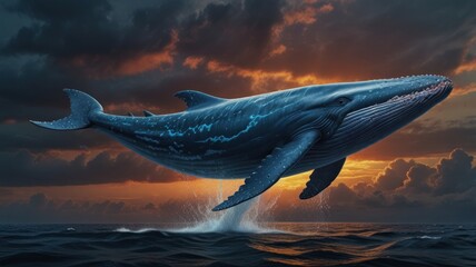 A large whale leaps out of the water at sunset, with a dramatic sky behind it.