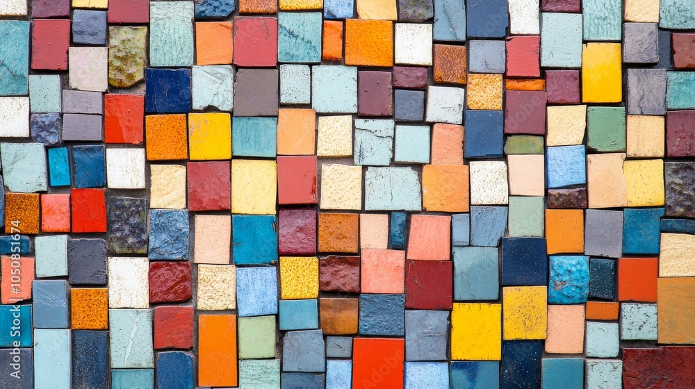 Poster a powerful image of a mosaic made up of diverse, vibrant tiles forming a cohesive and intricate desi