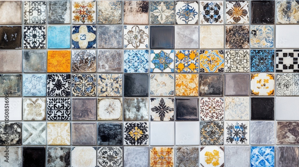 Poster a powerful image of a mosaic made up of diverse, vibrant tiles forming a cohesive and intricate desi