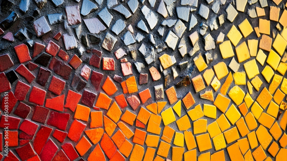 Poster a powerful image of a mosaic made up of diverse, vibrant tiles forming a cohesive and intricate desi