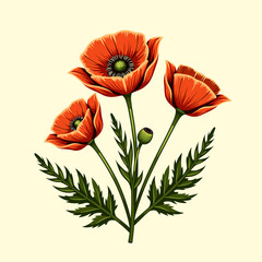 Fototapeta premium Illustration of vibrant poppy flowers with green leaves on a light background