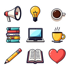 Collection of education and work icons with coffee