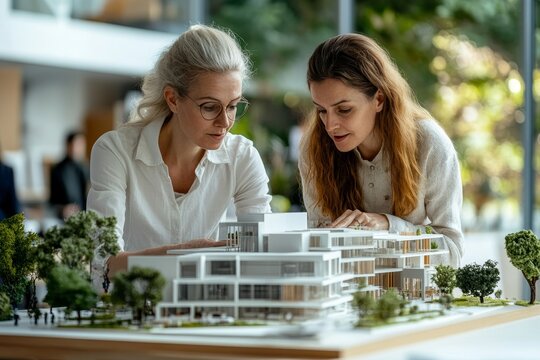 Business woman discussing an architectural model with her colleague, Generative AI - Powered by Adobe