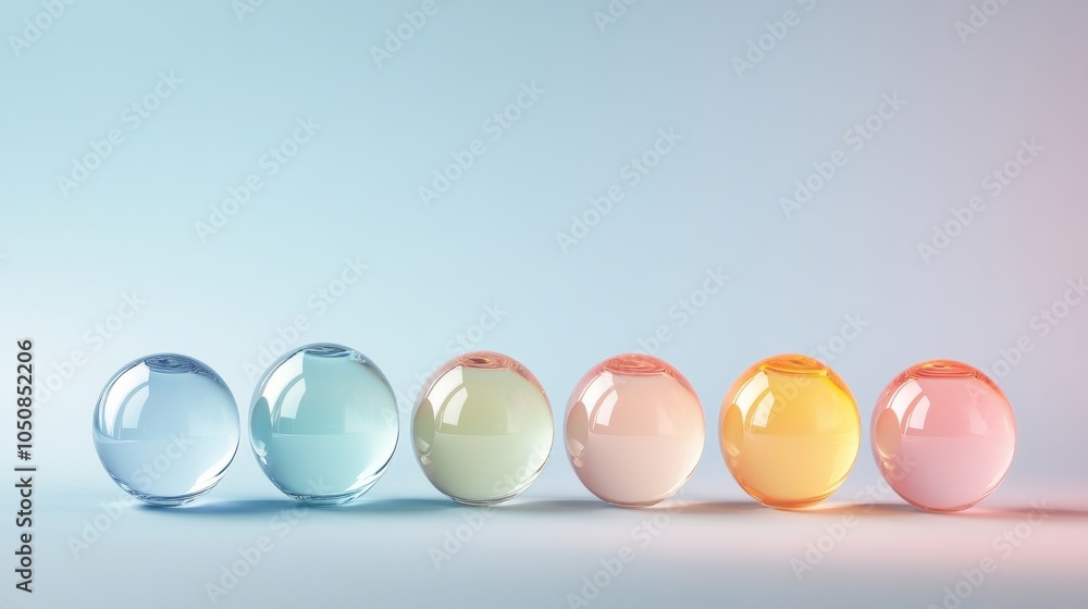 Poster A powerful image of a series of differently colored, transparent glass balls stacked and aligned, creating a gradient effect