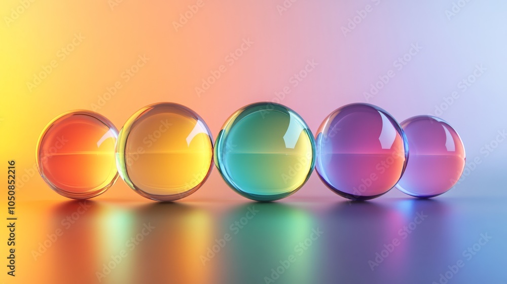 Aufkleber A powerful image of a series of differently colored, transparent glass balls stacked and aligned, creating a gradient effect