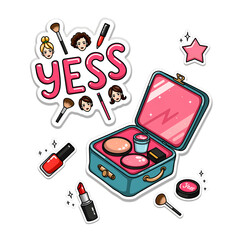 Makeup case with beauty essentials and faces