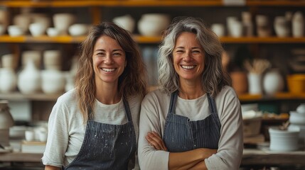 Two happy female ceramists working together in their shop, Generative AI