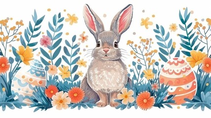 Happy Easter vector with bunny and floral elements, pastel eggs on a white background