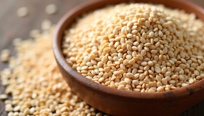 Fresh sesame seeds in bowl, healthy seed with calcium content, raw grain in pile, heap of cereal for nutrition
