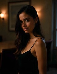 Fototapeta premium A young woman in black with dark hair and olive skin is dressing in a dark-lit indoor area.