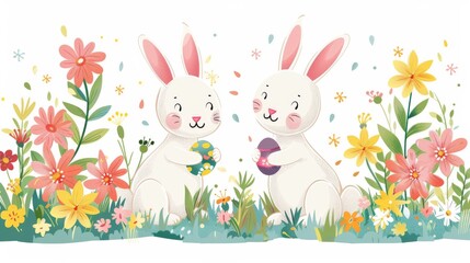 Obraz premium Happy Easter vector with bunny and floral elements, pastel eggs on a white background
