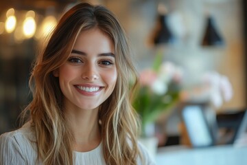 Obraz premium Smiling receptionist attending hotel guest, Generative AI