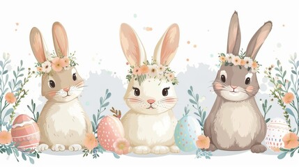 Obraz premium Playful Easter bunnies with floral crowns and pastel eggs, vector illustration on a white background