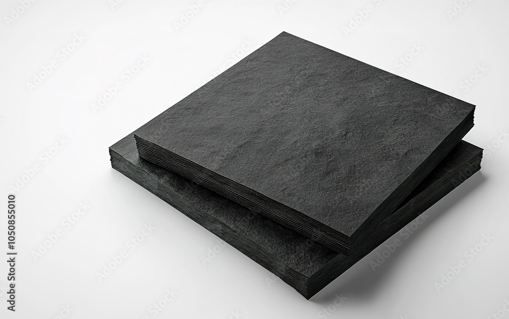 Poster black textured sheets stacked neatly on a clean white background, emphasizing the contrast in colors
