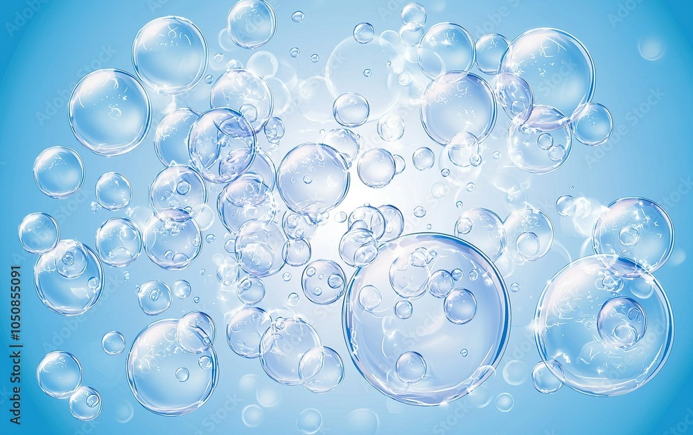Poster bubbles floating in a bright blue background create an ethereal effect with reflections and light du