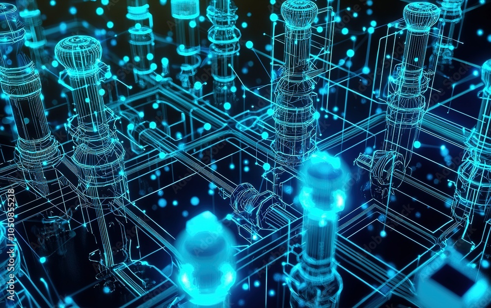 Aufkleber a futuristic digital landscape showcasing interconnected nodes and glowing orbs in a high-tech grid 