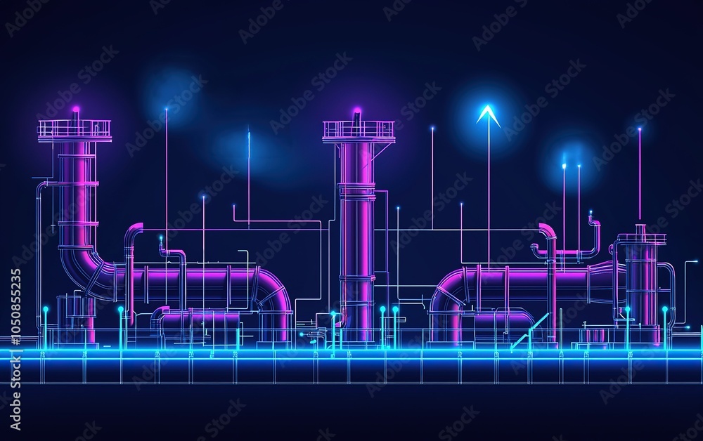 Poster abstract representation of industrial pipelines illuminated with neon colors against a dark backgrou