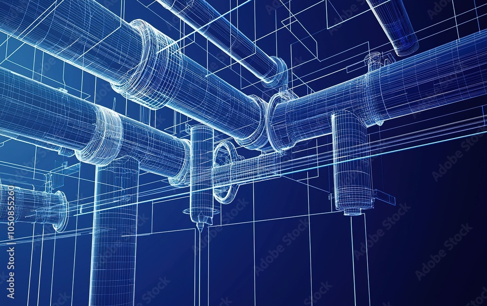 Poster blueprint design of industrial piping system showcasing intricate layouts in a modern engineering pr