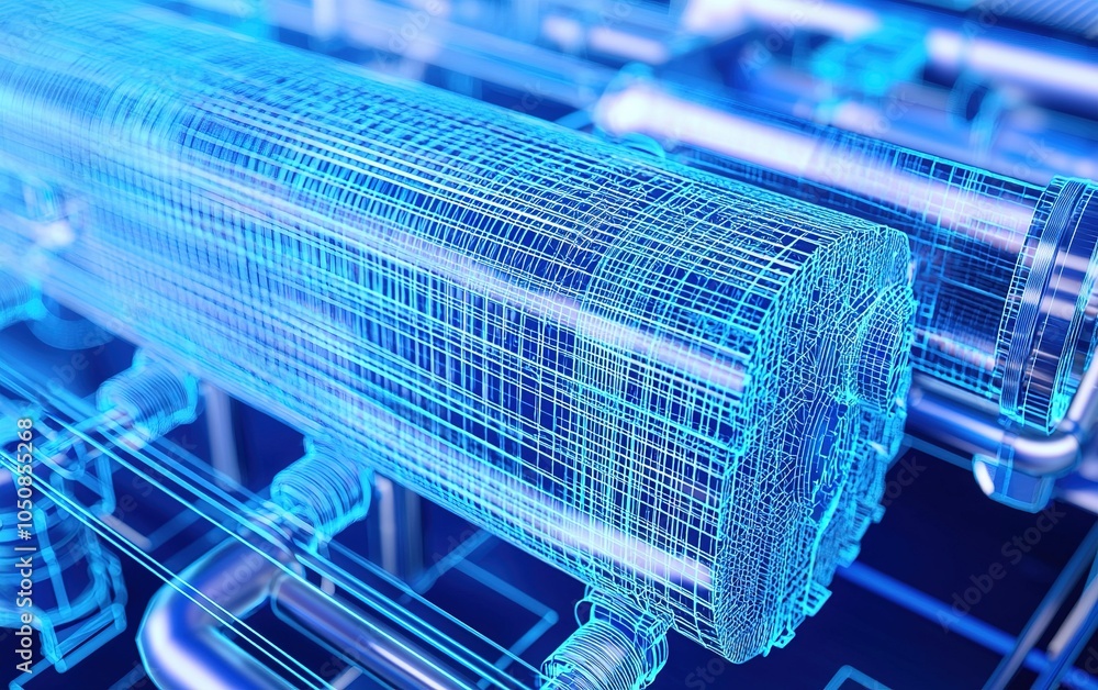 Poster detailed representation of a 3d wireframe model of a cylindrical industrial component in a futuristi