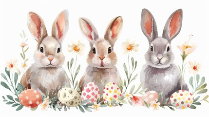 Fototapeta premium Playful Easter bunnies with floral crowns and pastel eggs, vector illustration on a white background