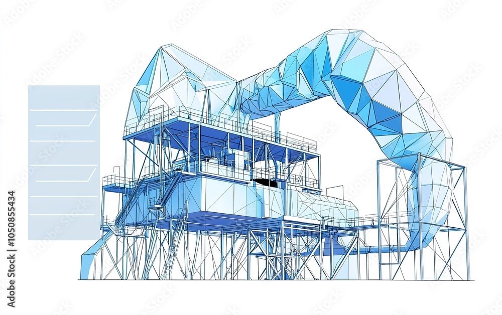 Poster blueprint of an industrial structure showcasing intricate design elements and engineering details in