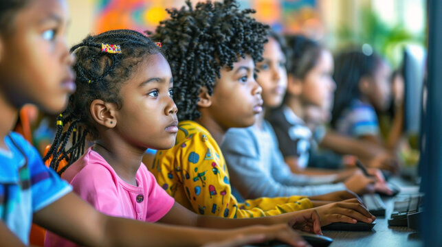 A diverse group of Black children focused on computer screens in a classroom setting, demonstrating early education in technology.