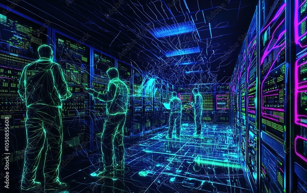 Poster technicians monitoring servers in a futuristic data center with neon visual effects at night