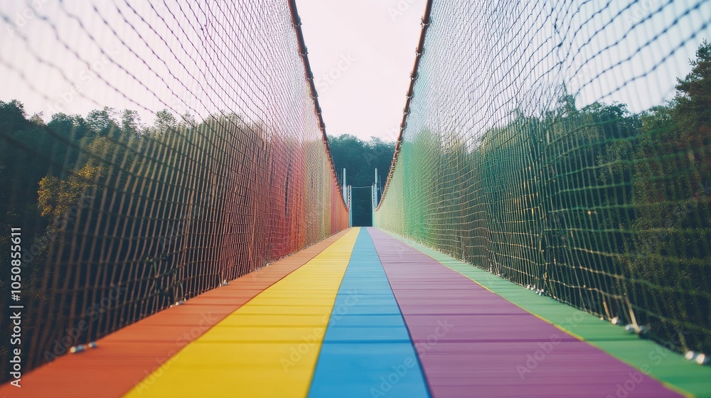 Aufkleber A powerful scene of a rainbow-colored bridge connecting two distinct landscapes, Representing the connection between different communities and the journey towards inclusivity, minimalist style