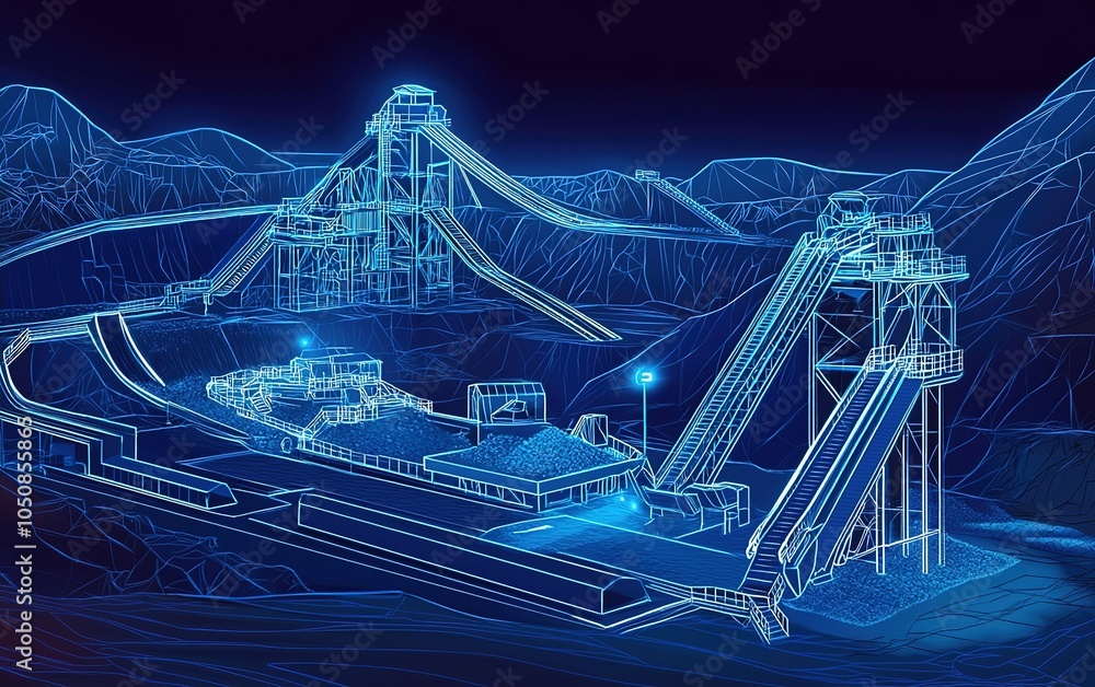 Aufkleber an advanced digital rendering of a mining operation showcasing equipment and landscape in a high-tec