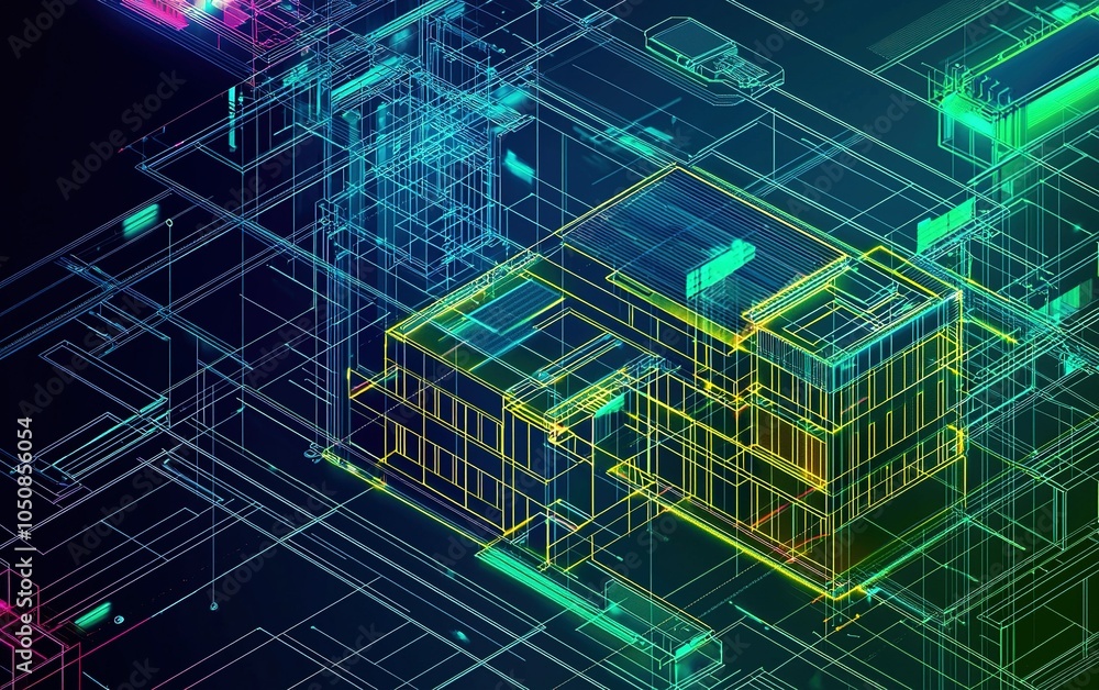 Poster a vibrant architectural blueprint showcasing a modern building design with neon outlines and intrica