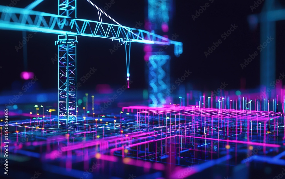 Poster construction site with digital representation of beams and structures illuminated in vibrant colors 