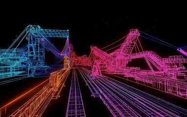 Obraz premium A vibrant digital landscape showcasing neon wireframe machinery in a futuristic industrial setting at night