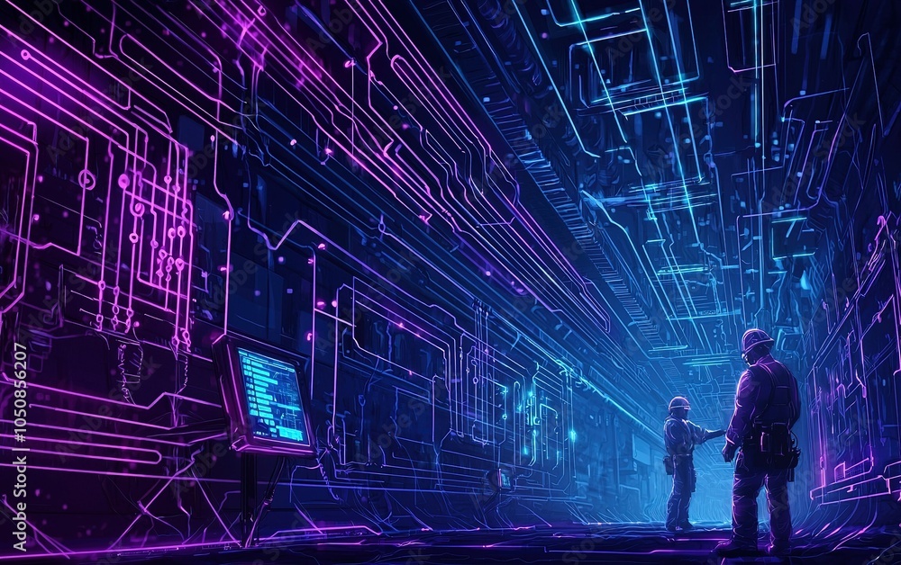 Poster two figures stand in a futuristic corridor filled with neon circuit patterns and glowing data displa