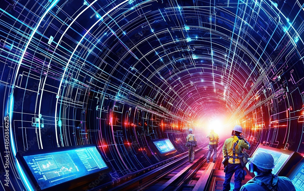 Poster workers in a futuristic tunnel using advanced technology to inspect tracks and maintain infrastructu