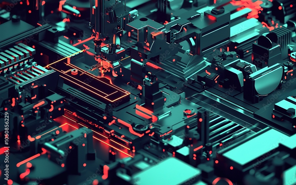 Poster abstract view of a futuristic circuit board with glowing elements, showcasing intricate technology d