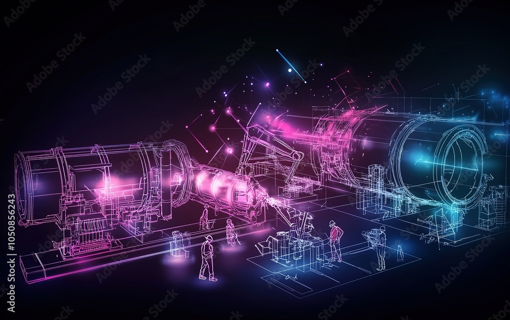 Aufkleber a futuristic assembly line featuring robotic arms and engineers designing advanced technology in a h