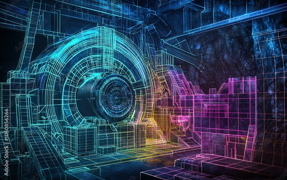 Aufkleber exploring a futuristic digital environment with neon grid patterns and intricate geometric designs i
