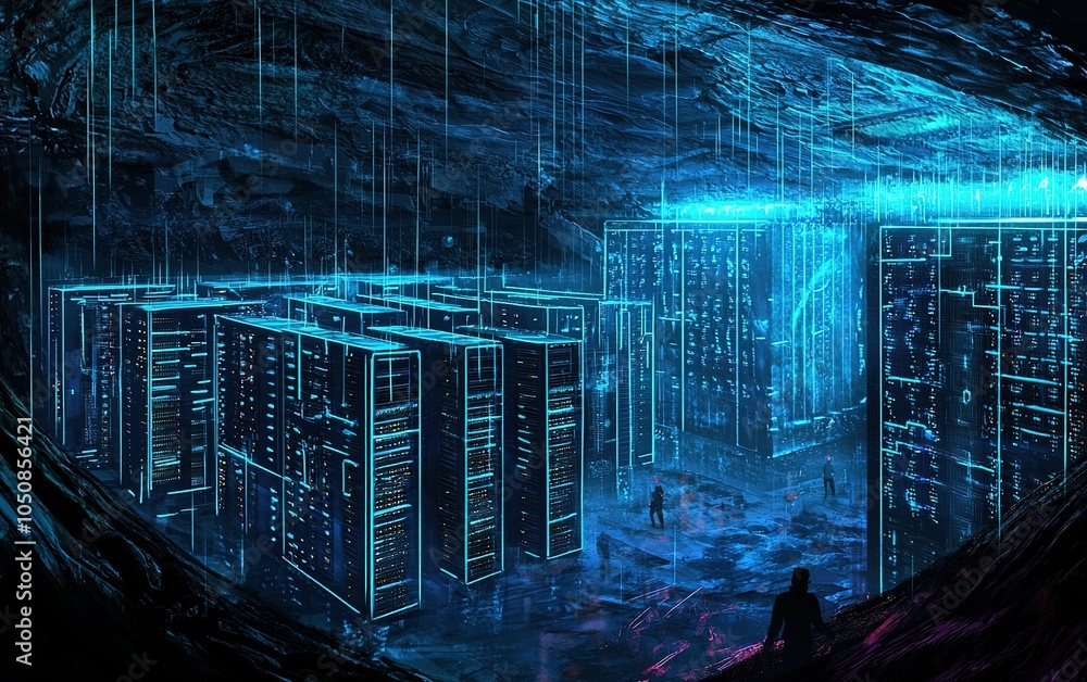 Aufkleber a futuristic data center inside a cavern featuring glowing servers and figures exploring the high-te
