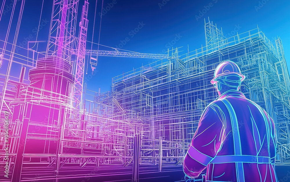 Poster construction worker observing an active building site during dusk, highlighting progress in modern a