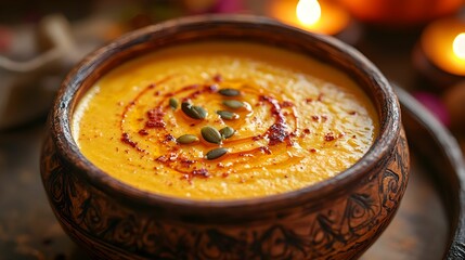 zupa dyniowa, krem, olej dyniowy, prażone pestki, rustykalne tło, ciepłe światło, Canon EOS R5, jesienne dekoracje, profesjonalne zdjęcie, fotografia kulinarna, przytulna atmosfera, sztuka kulinarna, 