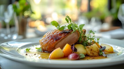 kaczka confit, puree jabłkowe, cynamon, elegancka prezentacja, niska przysłona, Canon EOS R5, gourmet, profesjonalna fotografia, świeże zioła, danie główne, sztuka kulinarna, soczysta kaczka, delikatn