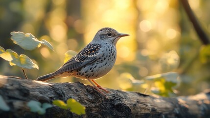 Fototapeta premium A small, brown and white bird with a long tail perches on a branch in a forest, with the sun shining through the trees behind it.