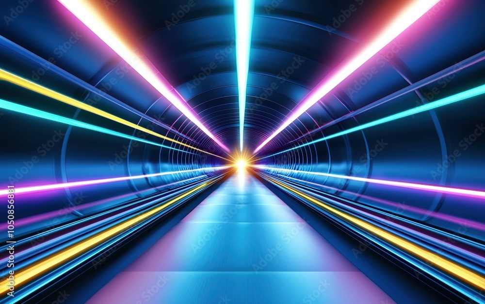 Poster vivid light beams burst through a futuristic tunnel, creating a dynamic and colorful visual experien