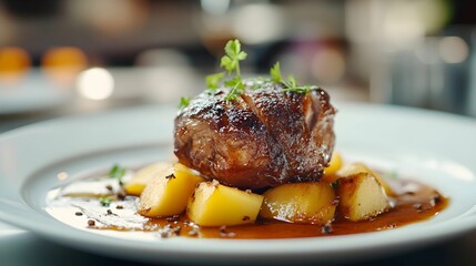 kaczka confit, puree jabłkowe, cynamon, elegancka prezentacja, niska przysłona, Canon EOS R5, gourmet, profesjonalna fotografia, świeże zioła, danie główne, sztuka kulinarna, soczysta kaczka, delikatn