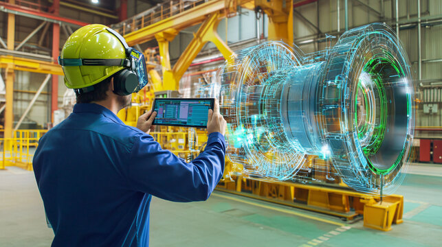 Wind turbine engineer using augmented reality to visualize turbine components