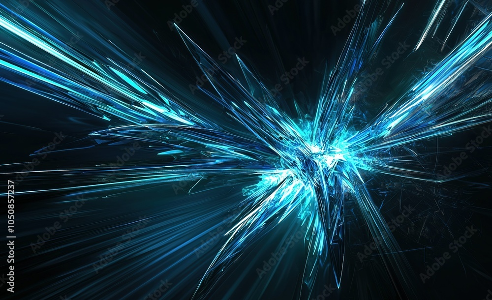 Poster vibrant abstract design showcasing sharp blue light patterns against a dark background, creating a d